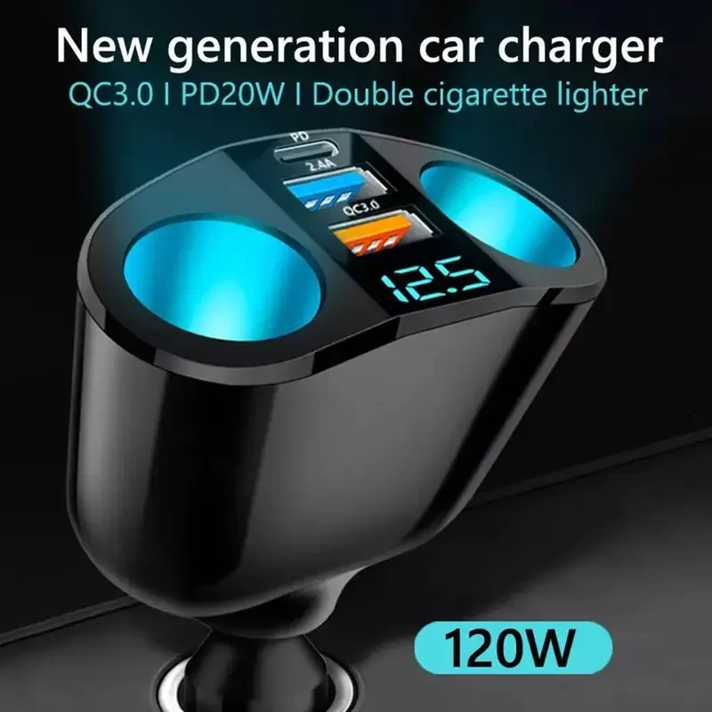 Car Accessories Lighter Socket Splitter 12V-24V Socket Splitter Power Adapter PD QC3.0 Fast Dual USB With Voltage Display