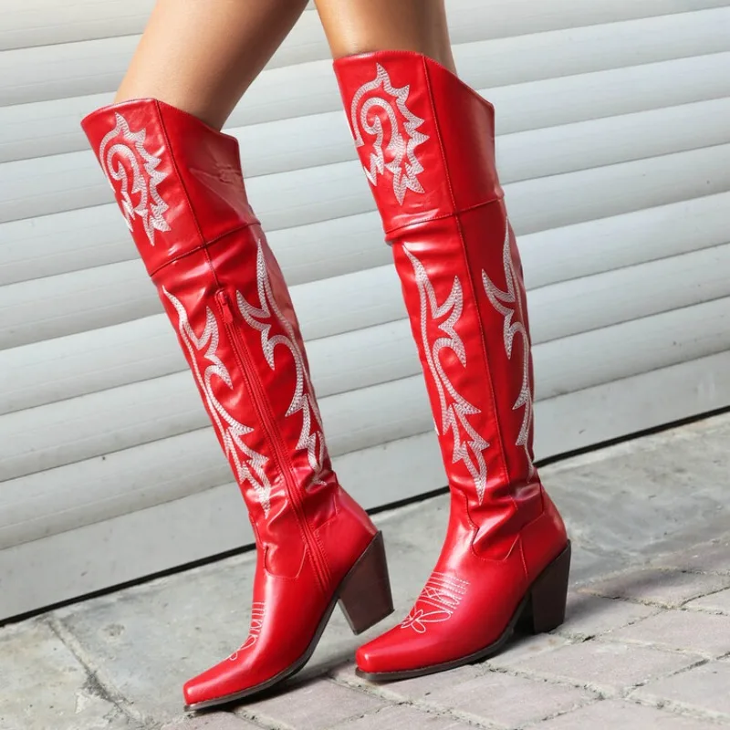 

Red Pink Car Stitching Women's Over The Knee Boots New Women Square Head 7cm High Heel Chelsea Long Boots Fashion women shoes