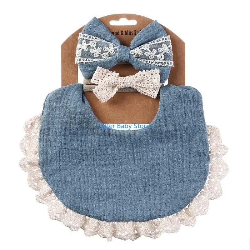 

N80C Baby Feeding Drool Bib Lace Headband Set Soft Cotton Saliva Towel Bandana Burp Cloth Hair Band for Newborn Toddler Gifts