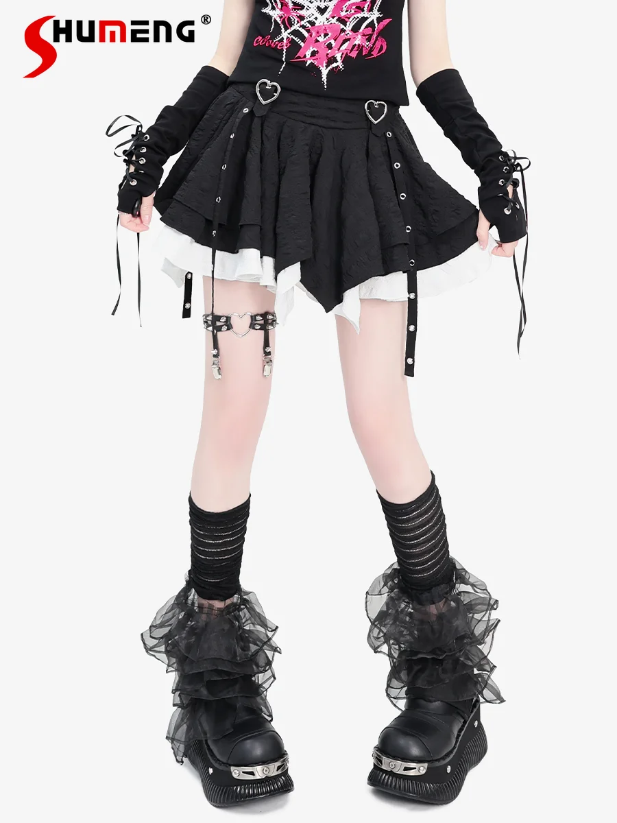 

Japanese Punk Yabi Double-Layer Black White Pleated Ball Gown Skirt Women's High Waist Heart Buckle Y2K Street Skirt Summer 2024