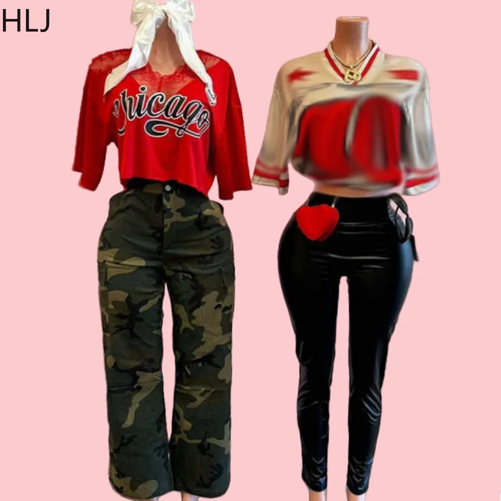 HLJ Fashion Camouflage Pocket Cargo Pants Two Piece Sets Women Letter Print V Neck Short Sleeve Crop Top And Pants Outfits 2025