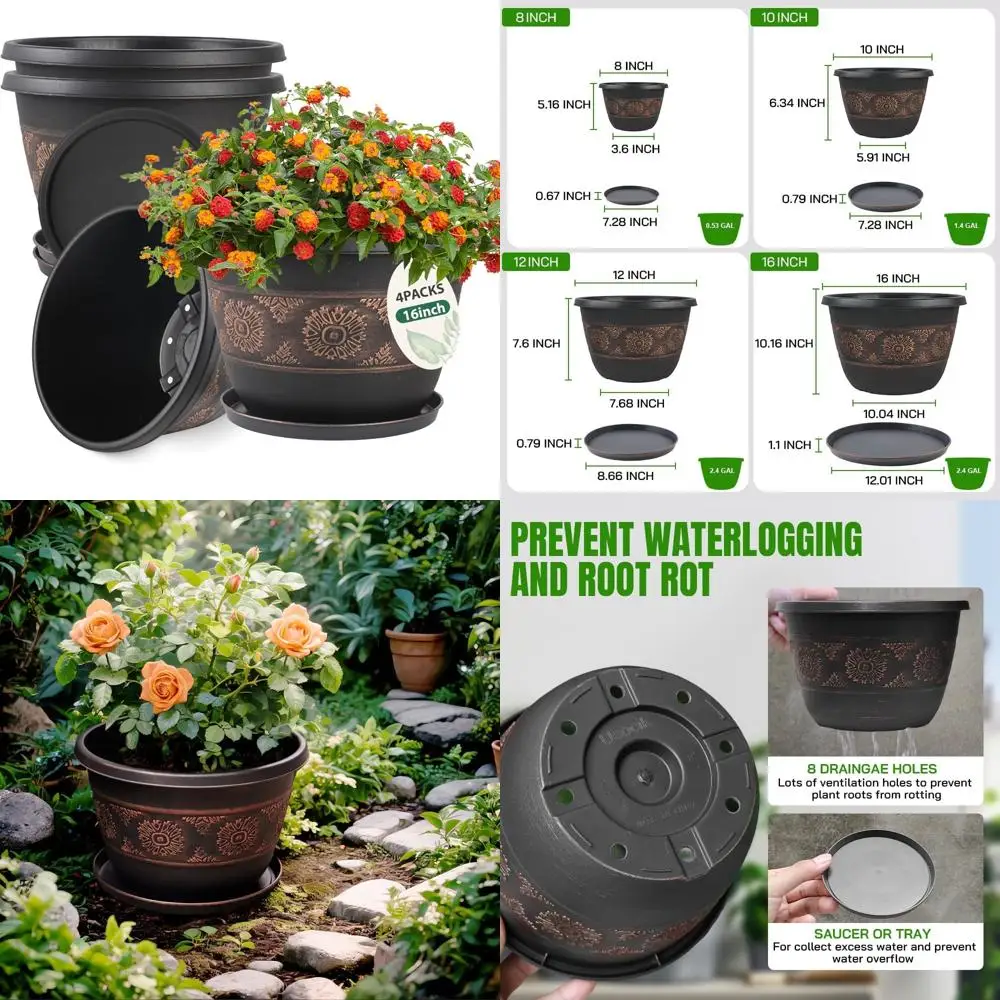 

4 pack 16 inch plant pots, retro pattern planters with drainage holes and saucer, sturdy plastic garden flower pots for indoor &