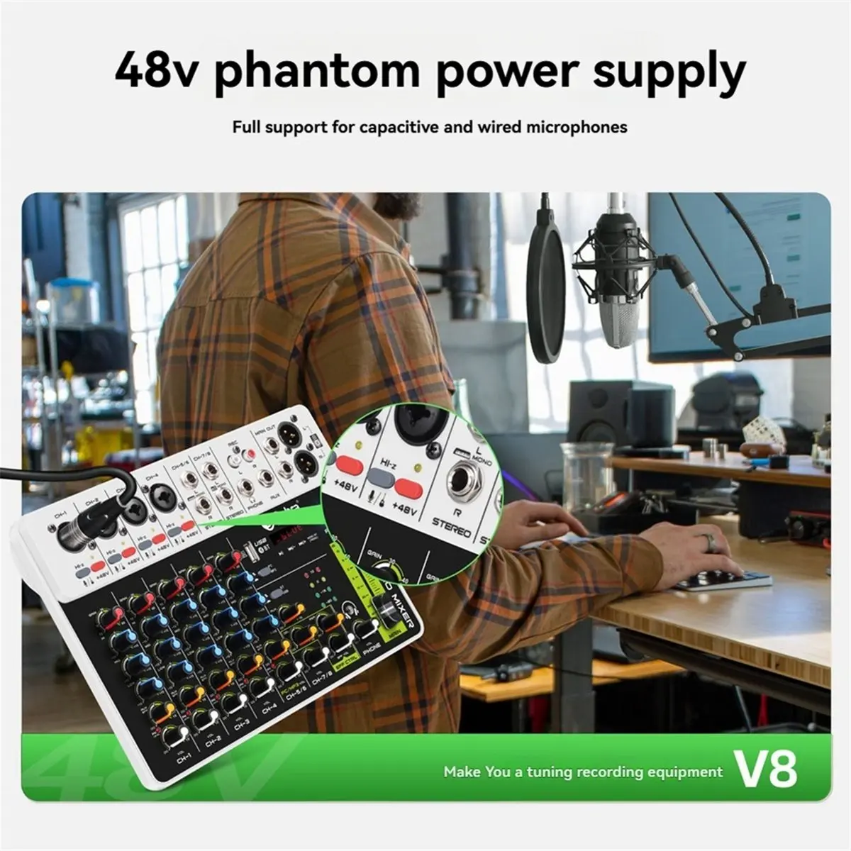 M85K  V8 Audio Mixer Small Mixing Console with Bluetooth USB 48V Phantom Power Delay Repaeat for DJ US Plug