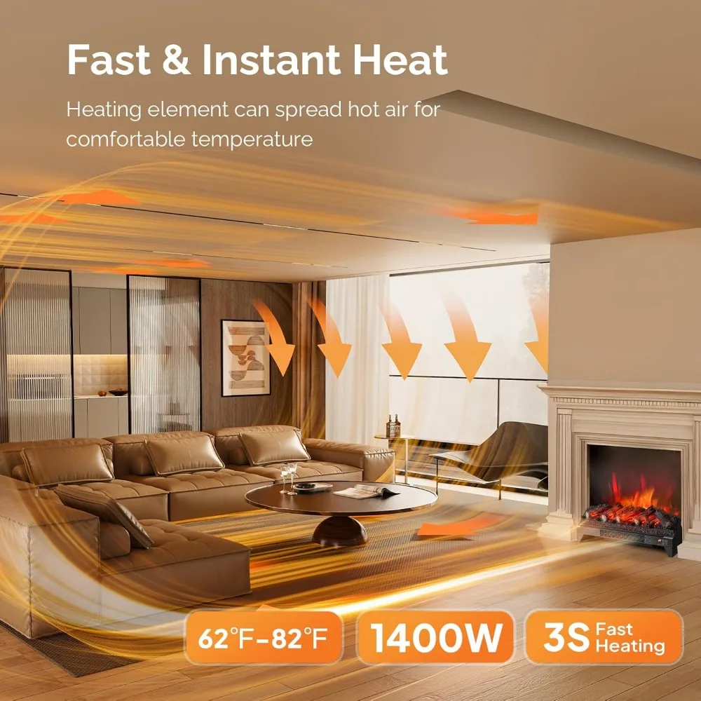 26 inserts de cheminée électrique avec télécommande, WiFi, faux bûches, minuterie, protection contre la surchauffe, flamme réglable