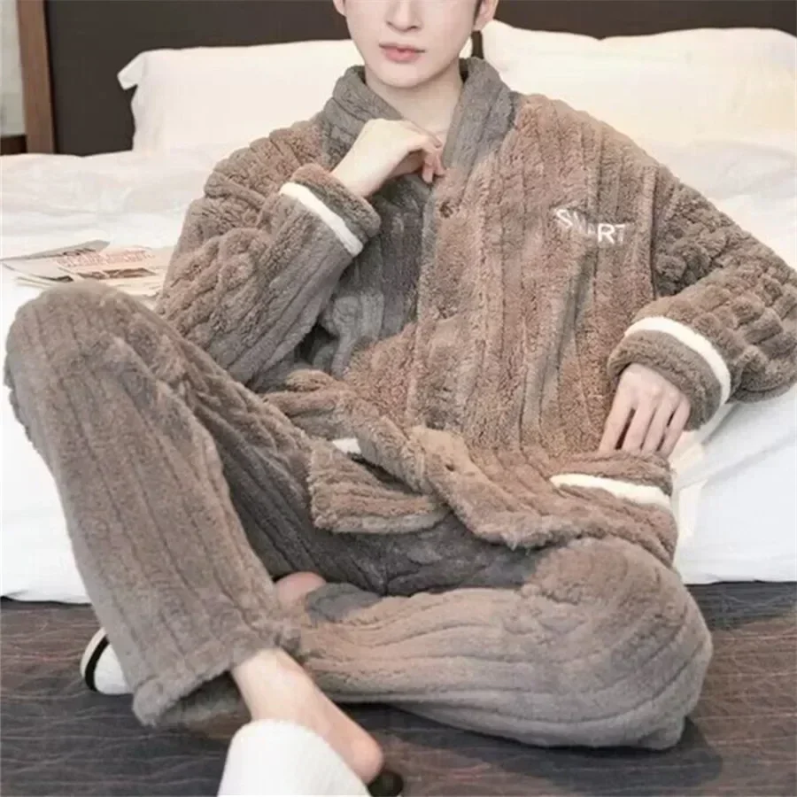 2024 New Men Winter Warm Flannel Pajamas Set V-neck Fluffy Coat + Long Pants Male Sleepwear for Sleeping 2 Pieces Housewear 3XL