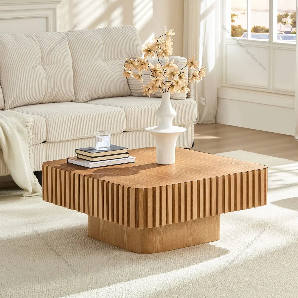 Modern 35.43 Inch Handcraft Drum Coffee Table Square Coffee Table for Living Room,Small Wooden Coffee Table Sturdy MDF Pedesta