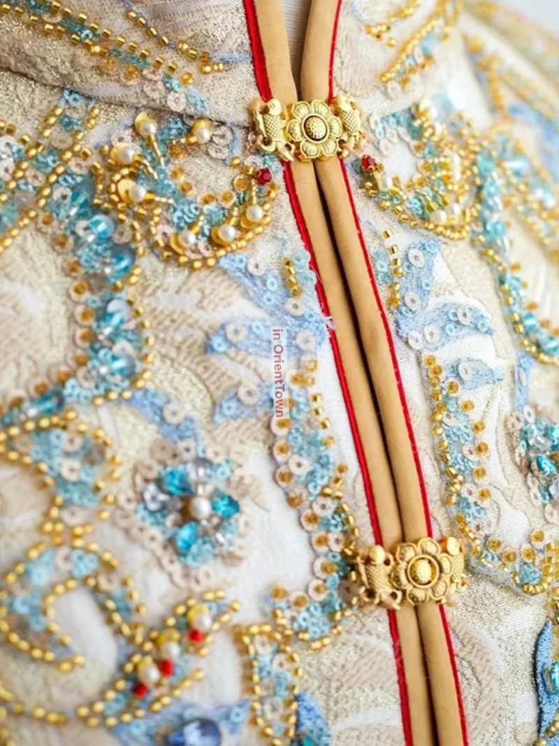 العريس الشمبانيا اللون Xiuhe الملابس تظهر الرجال الذهب زي الصينية العريس الزفاف التطريز معطف + تانغ نمط ثوب رداء #6