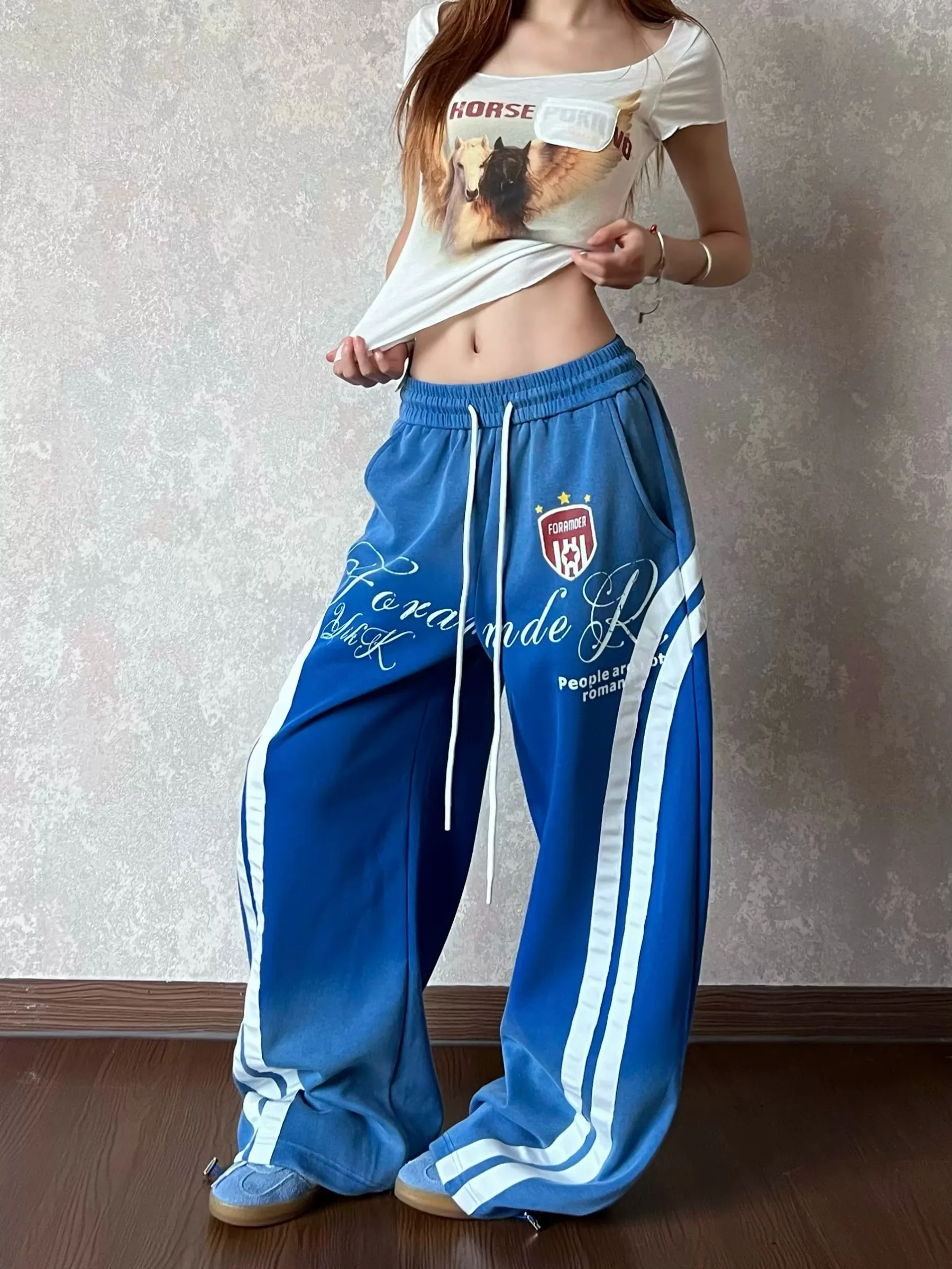

American Street Letter Stripe Casual Sports Sweatpants Women Summer Autumn Drawstring Dancing Loose Wide Leg Knife Pants