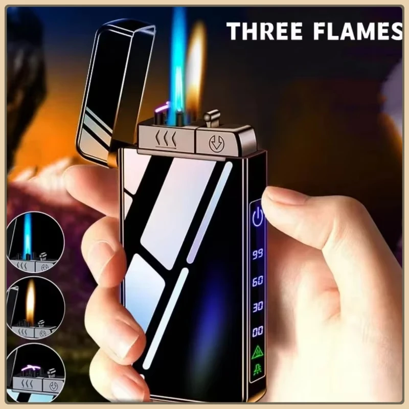 

New Triple Flame Electric Pulse Plasma Dual Arc USB Lighter Metal Gas and Electric Lighter LED Screen Display Lighter Men's Gift