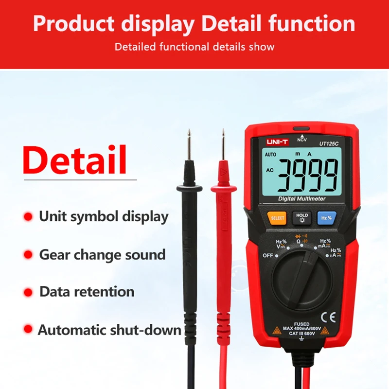 UNI-T UT125C Mini Pocket Digital Multimeter Temperature Tester Resistor Capacitor Frequency Diode NCV Test Low Voltage Display