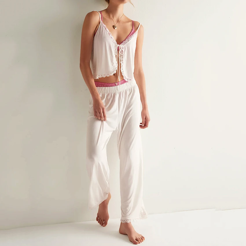 

HiLoc сексуальные розовые атласные кружевные брюки, комплекты пижам для женщин, повседневный жилет на шнуровке с широкими штанинами, комплект из двух предметов, 2025, домашний брючный костюм