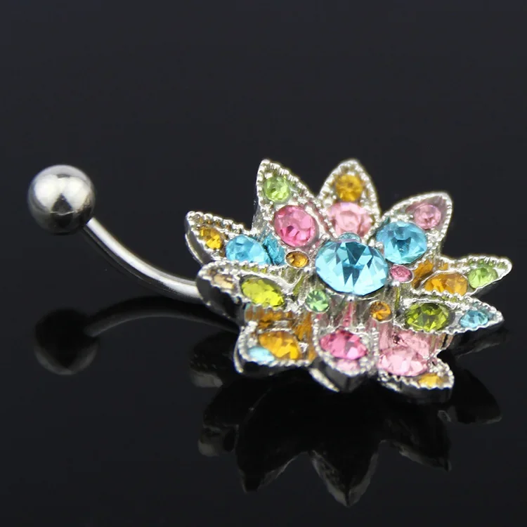 Hot Stainless Steel Cz Crystal Flower Belly Button Ring Blossom Lotus Maple Bar Button Ring Piercing Navel Body Jewelry Sex Gift