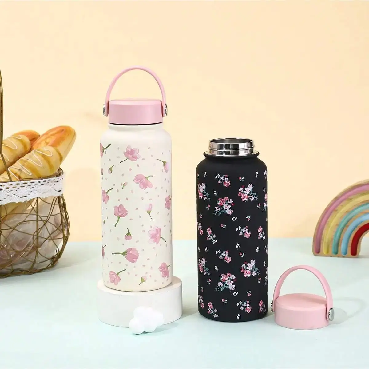 Portable Wide Mouth Kettle Thermos, Cute Bow Printed Sports Kettle, 1-Liter Large Capacity Coffee Cup, Ideal Gift Choice