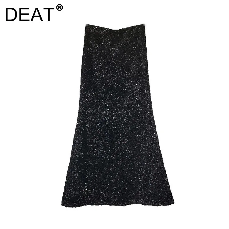 

DEAT Women's Mermaid Skirt High Waist Slim Solid Color Sequins Wrap Hips Elegant Female Long Skirt 2024 New Fashion 29L8822