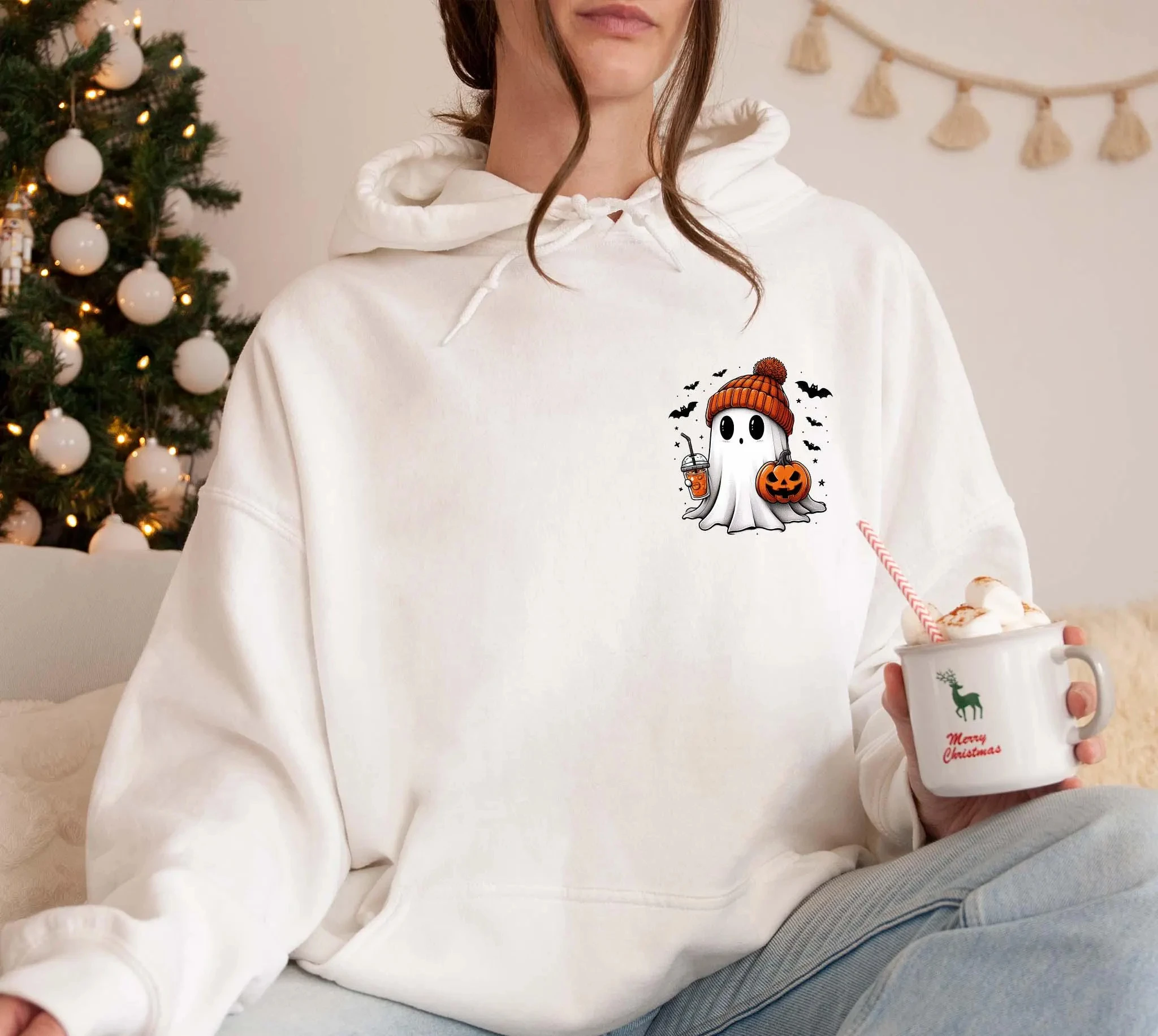 

Cute Ghost Halloween Hoodie Sweatshirt Women Long Sleeve Sweatshirt Pullover Funny Tops Fashion Casual Autumn Clothing