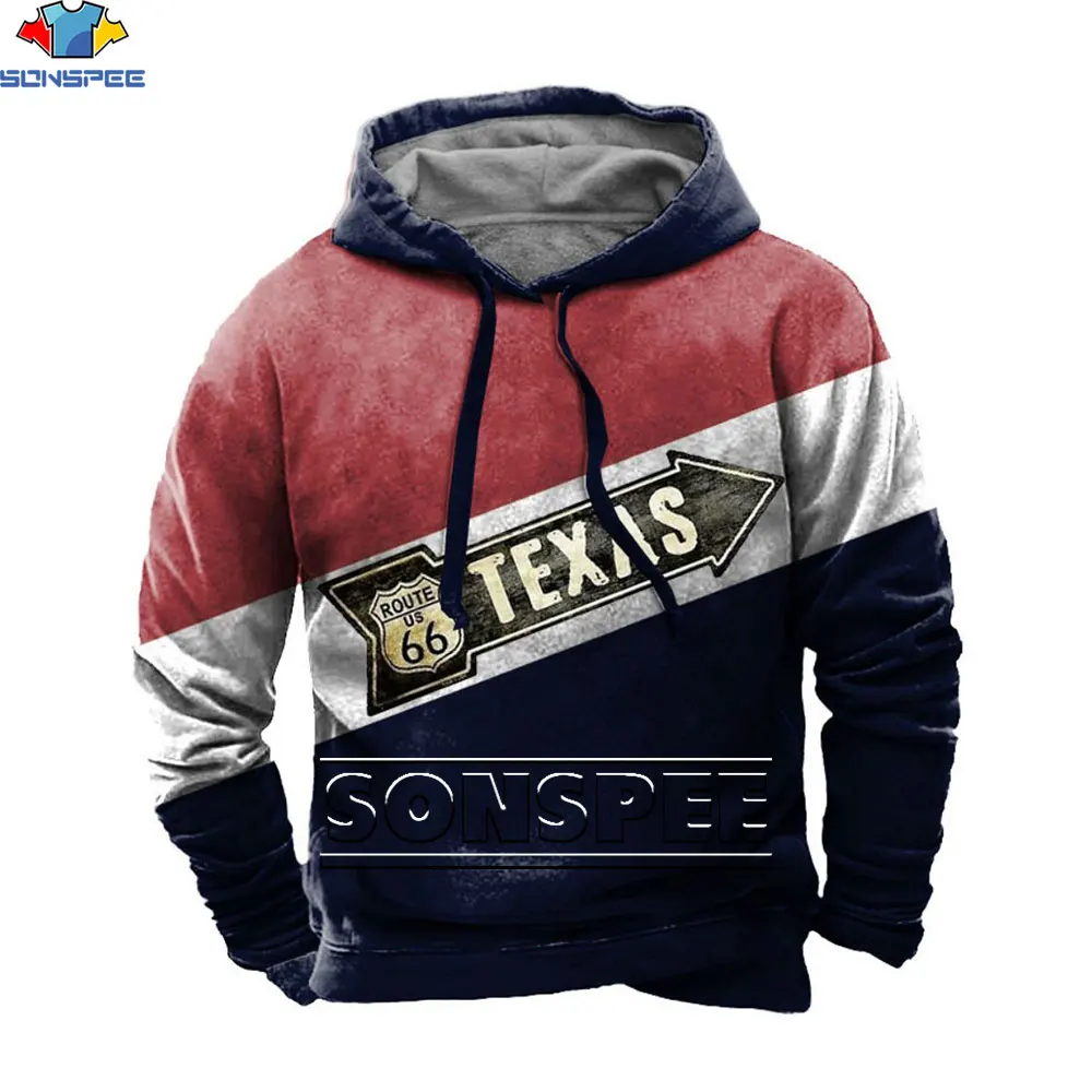 SONSPEE Hoodie Cetak 3D Sweter Musim Dingin 2023 Pria Atasan Pria Bertudung Antik Grafis Route 66 Baju Longgar Jalanan