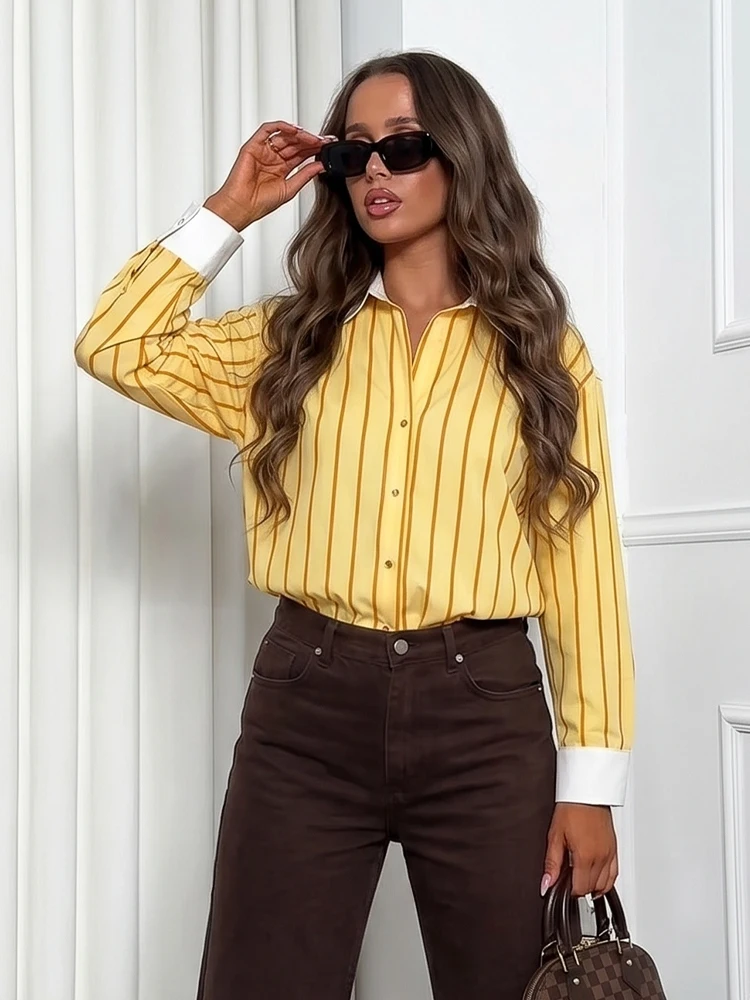 HH Damen Mode Gestreiftes Hemd mit Revers, Einreihig, Patchwork, Locker Geschnitten, Langarm-Hemd 2026 Frühling Herbst Street Style Schickes Oberteil
