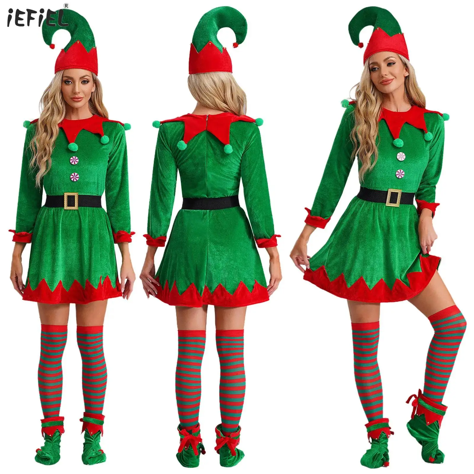 

Women Christmas Elf Costumes Santa Claus Flannel/Velvet Dress with Belt Hat Stockings Halloween Cosplay Green Elves Clothes Set