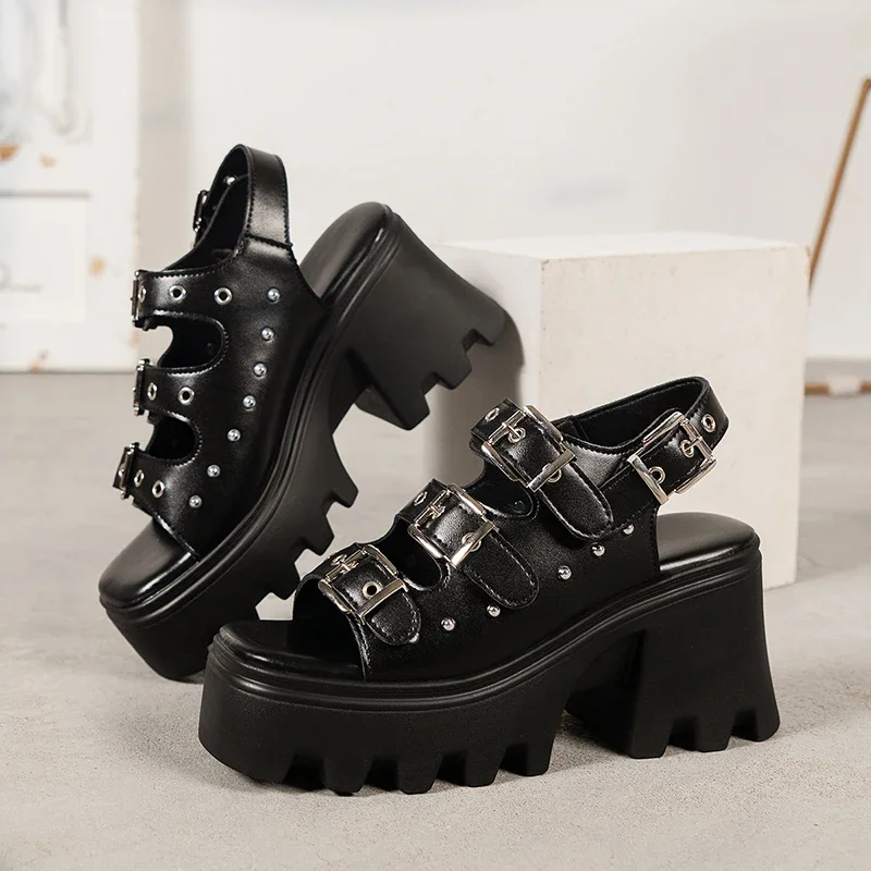 Punk Metal Buckle Platform Sandals Women 2024 Summer Rivet Decor Black Gothic Sandals Woman Plus Size 42 High Heeled Roman Shoes