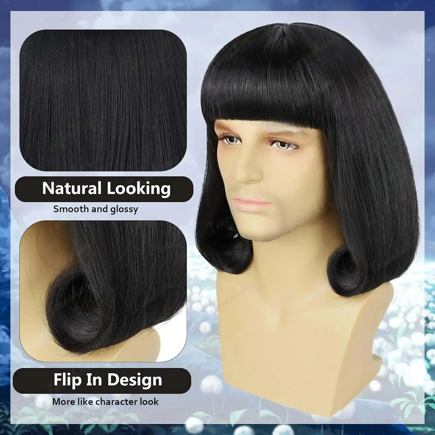 Synthetic Unisex Black Straight Flip in Short Full Bang Realistic Halloween Cosplay Bob Wig with Bangs Lord Farquaad Wig image 3