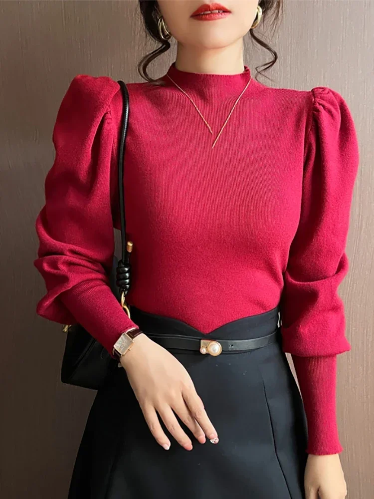 

Fashion Korean Knit Tops Autumn Winter Turtleneck Sweater Slim Fit Basic Pullovers Puff Sleeve Womens Sweater Stretch Jumpers