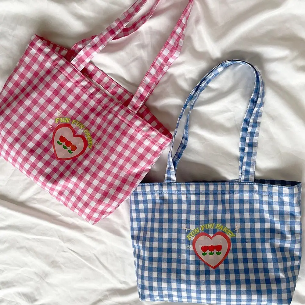 Fresh Color Plaid Canvas Bag Korean Style Solid Color Vacation Tote Bag Lightweight Eco Bag Office Worker Tote Shoulder Bag