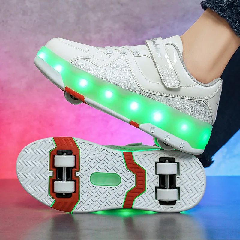 2023 Girls Boys New Lovely Sneakers Children Autumn Leather LED Luminous With Four Wheels Shoe Winter Charging Roller Skate Shoe