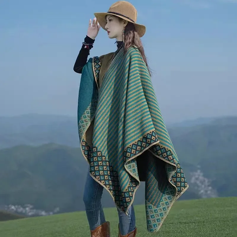 

Накидка-пончо, осенние и зимние шарфы, женская дорожная шаль, имитация кашемира, разделенный плащ в европейском и американском этническом стиле