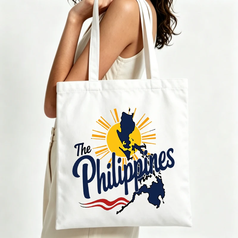 Women's Philippines map and sun graphic canvas tote bag, casual style for daily shopping and travel