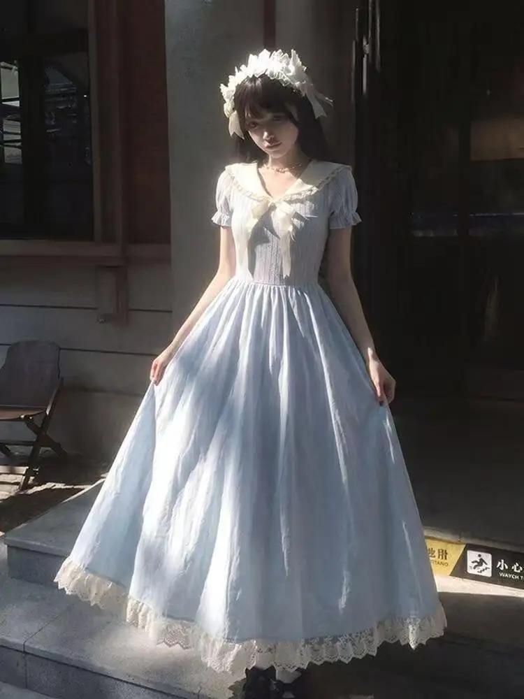 French Princess Contrast Color Bow Sailor Collar Lace Puff Sleeves Waist Cinched Light Blue Maxi Dress Women for Daily Dresses