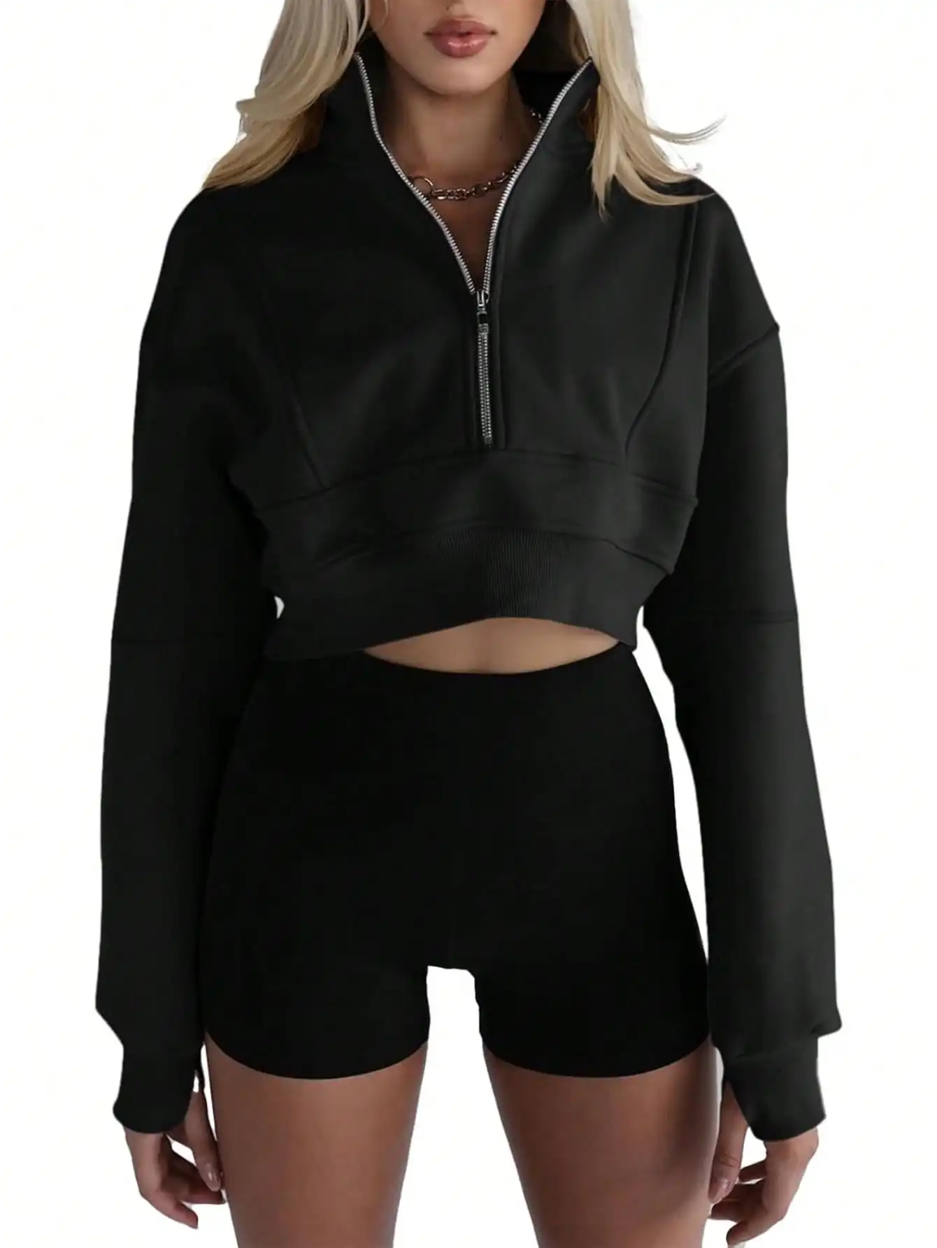 

Fisoew женские укороченные толстовки на молнии, повседневные топы с длинными рукавами и отверстием для большого пальца