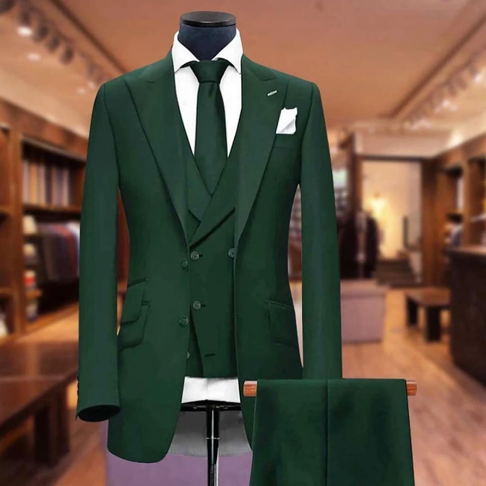 Custom Solid Color Men\'s Suits Elegant 3 Piece Jacket Pants Vest Full Set Single Breasted Peak Lapel Male Clothing Office Blazer