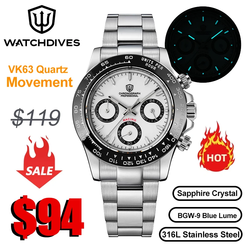 Watchdives WD16500 V2 Men Watch VK63 Quartz Movement Chronograph Wristwatch Stainless Steel Sapphire Crystal Luminous  Watches