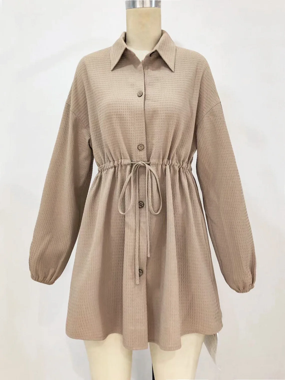 Women's Top Drawstring Waist Closure Button Khaki Color Loose Fitting Long Sleeved Temperament Elegant Commuting Casual