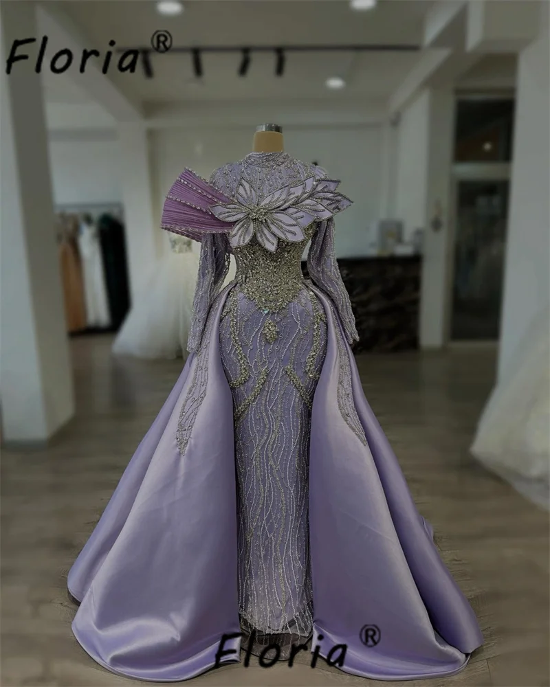 

Luxury Dubai Lilac Mermaid Evening Dress with Detachable Train Heavy Beads Crystal 3D Leaves Wedding Party Gowns Vestidos gala