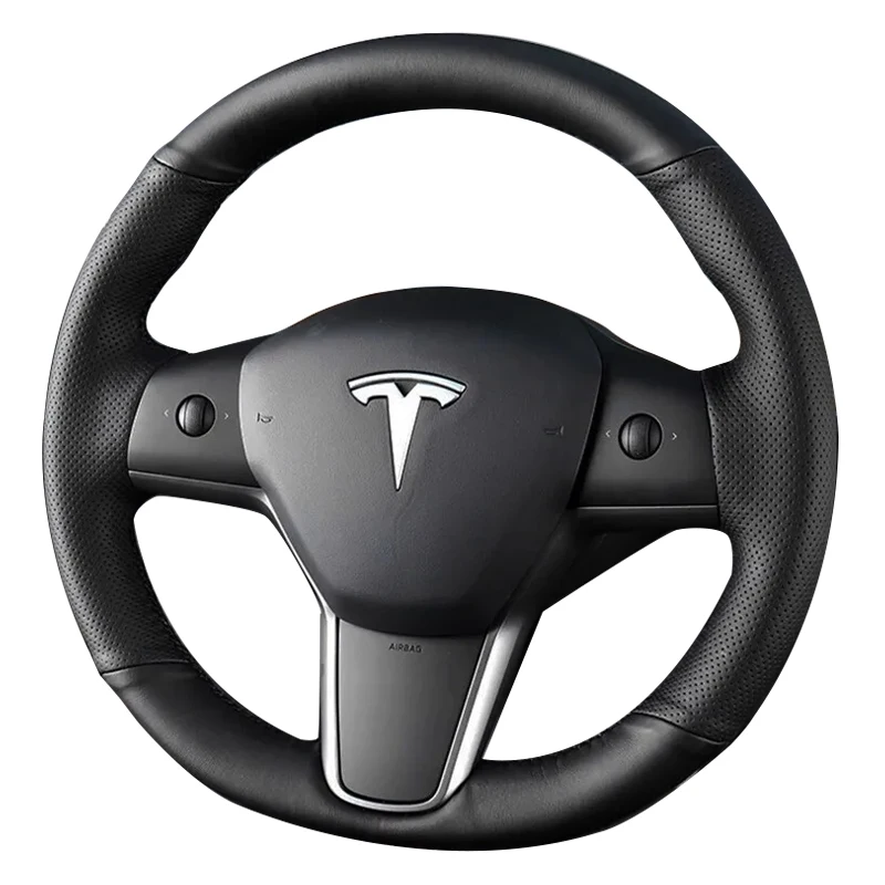 

DIY Hand-sewn Black Leather Perforated Leather Car Steering Wheel Cover Wrap for Tesla Model Y Model 3 interior Accessories