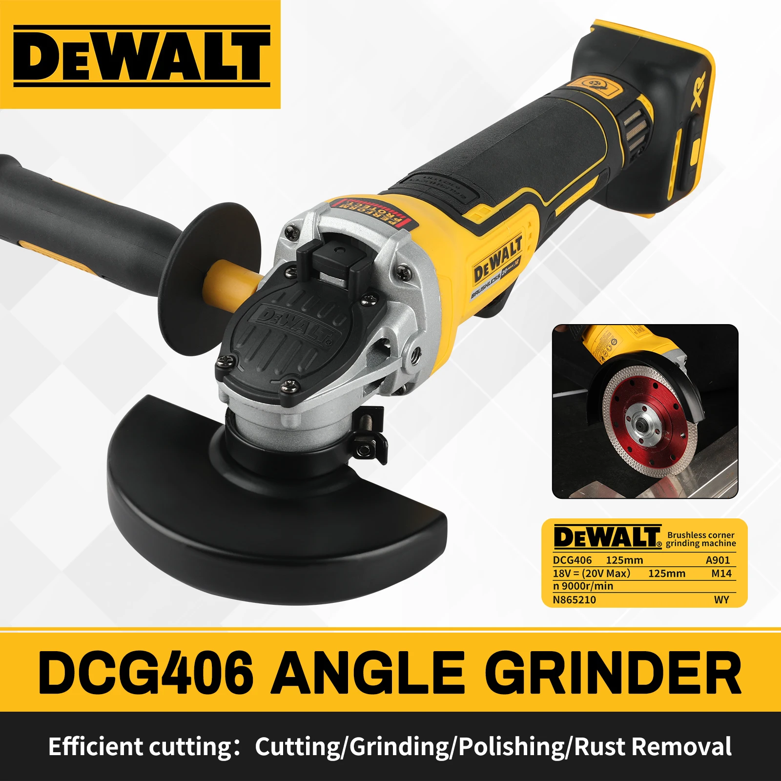 

125mm Brushless Angle Grinder DEWALT 406 20V Comfortable Ergonomic Handle for Metal Stone Cutting and Polishing Jobs