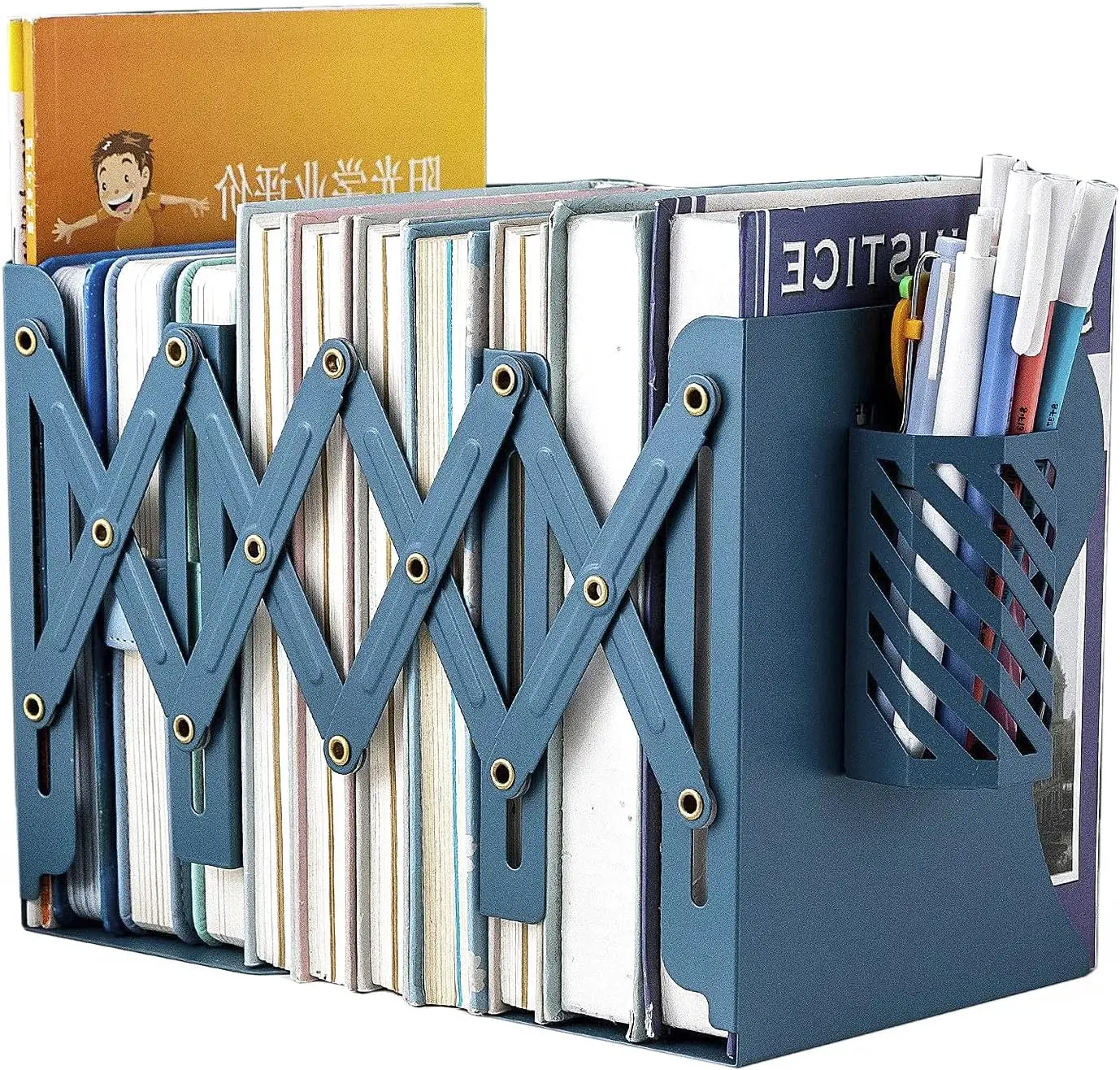 

Adjustable Metal Bookends for Heavy Books, Nonskid Book Holder with Pen Holder, Blue