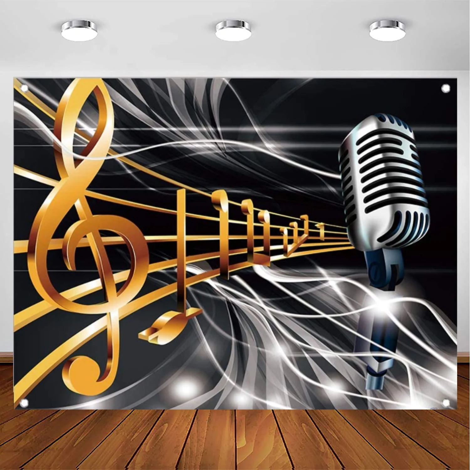 Dream Musical Note Backdrop Black And Gold Microphone Music Party Photography Background Abstract Art Studio Wall Decoration