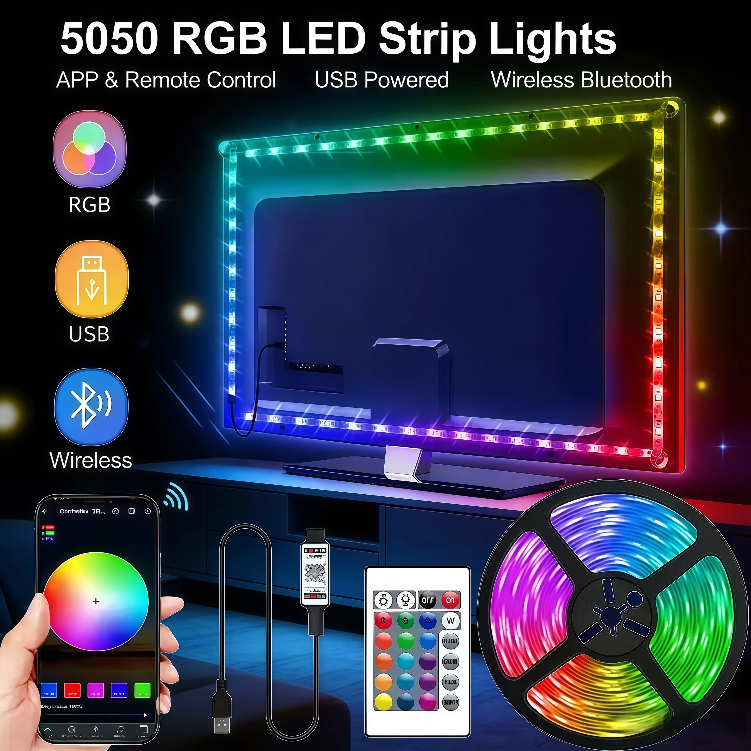 

Best seller RGB Led Strip Lights USB 5V Music Sync RGB 5050 Led Lights lexible Lamp Tape For TV Backlight Room Decoration 1m-30m