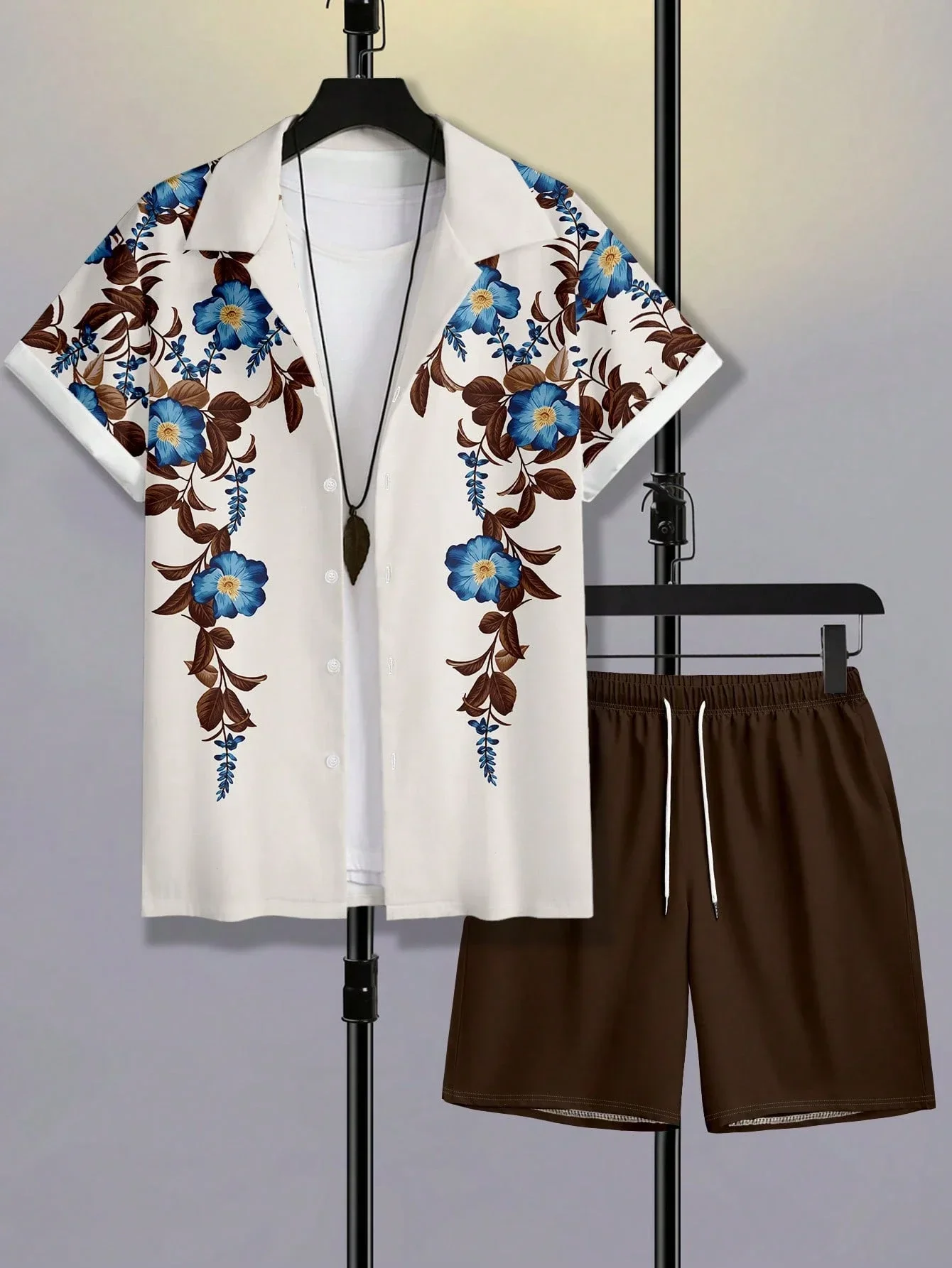 

Mens Summer Casual Floral Print Short Sleeve Shirt And Shorts Set