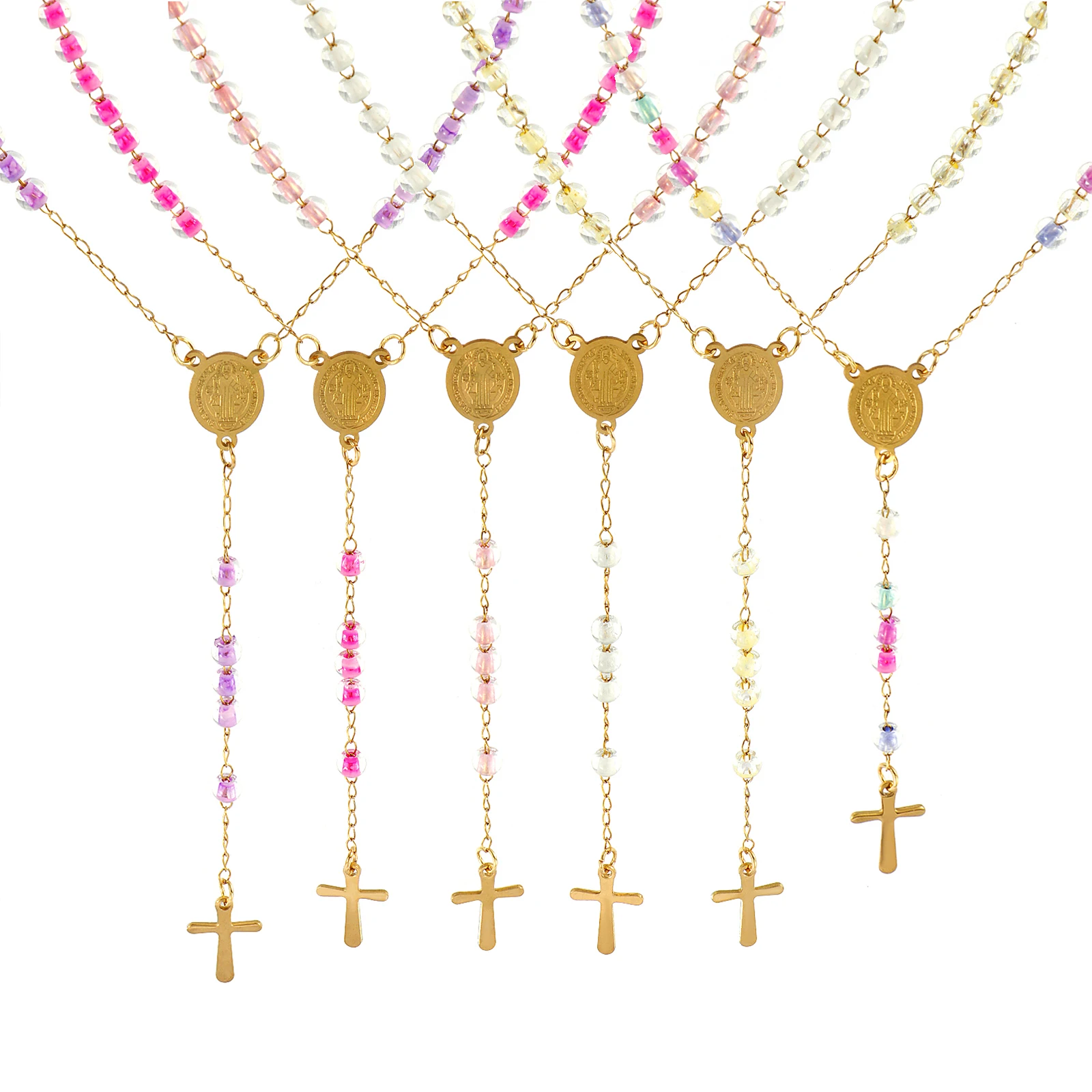 Cadena de cuentas chapada en oro de acero inoxidable 304, cuentas cruzadas de oración, collar de Rosario de 55cm para mujer, medalla de San Benito, regalo religioso