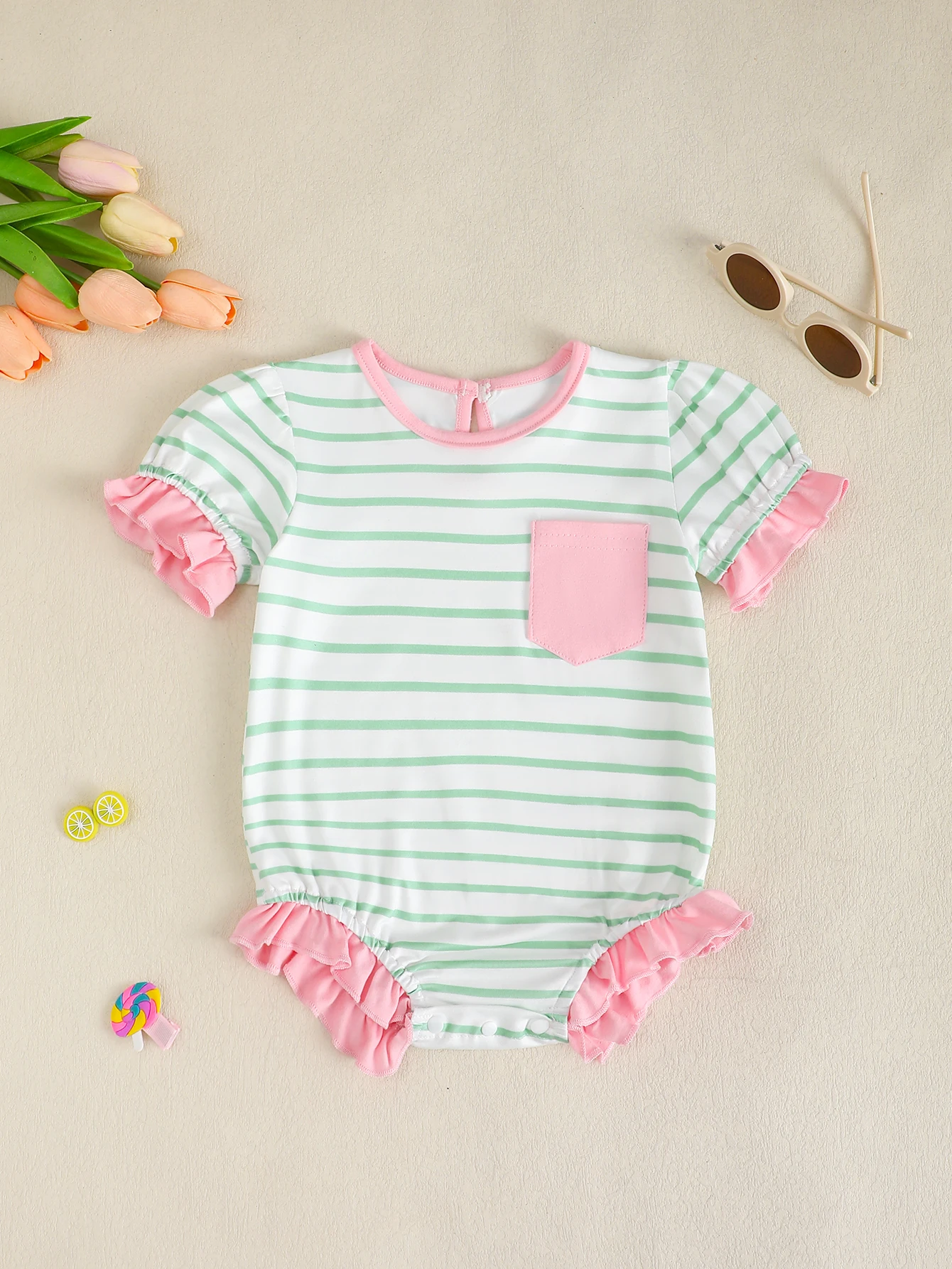 

Универсальный треугольный комбинезон в полоску с круглым вырезом и короткими рукавами для маленьких девочек