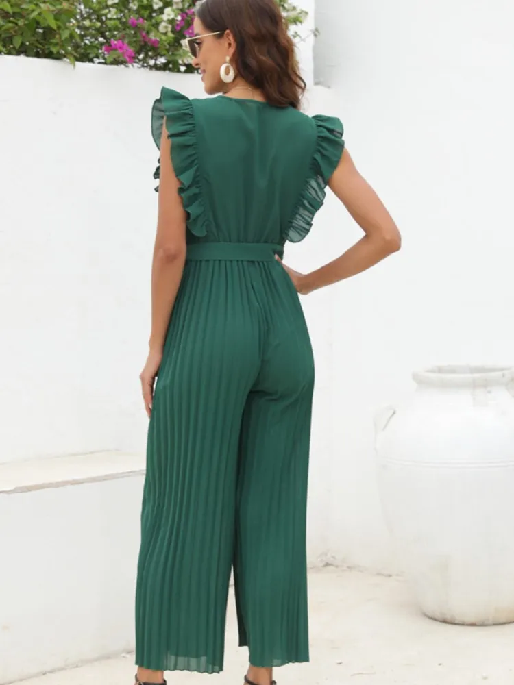 夏エレガントな新ジャンプスーツファッション V ネックワイドレッグパンツ女性のための固体フリルノースリーブ婦人服ジャンプスーツ