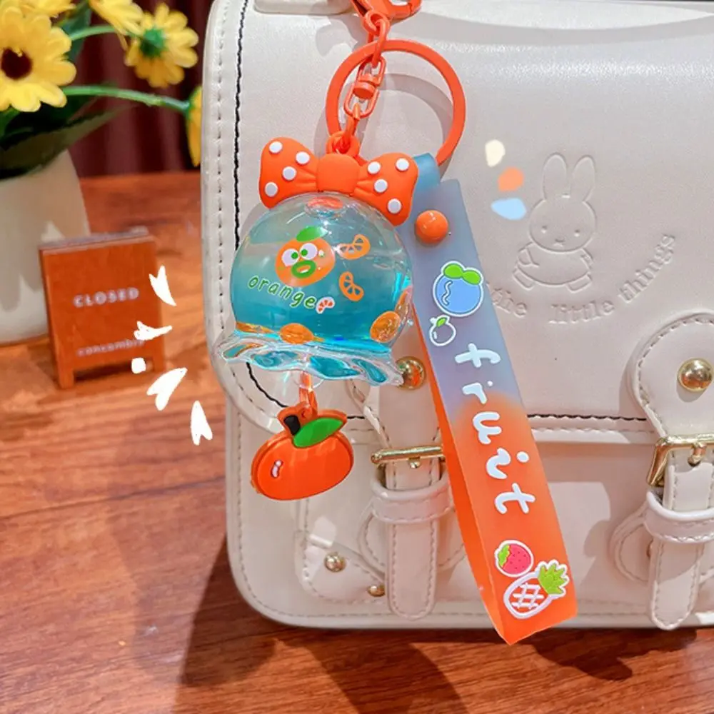 Exquisite Bow Cartoon Fruit Keychain Kawaii Cute Wind chime keychain Ornament PVC Liquid Keyring girls