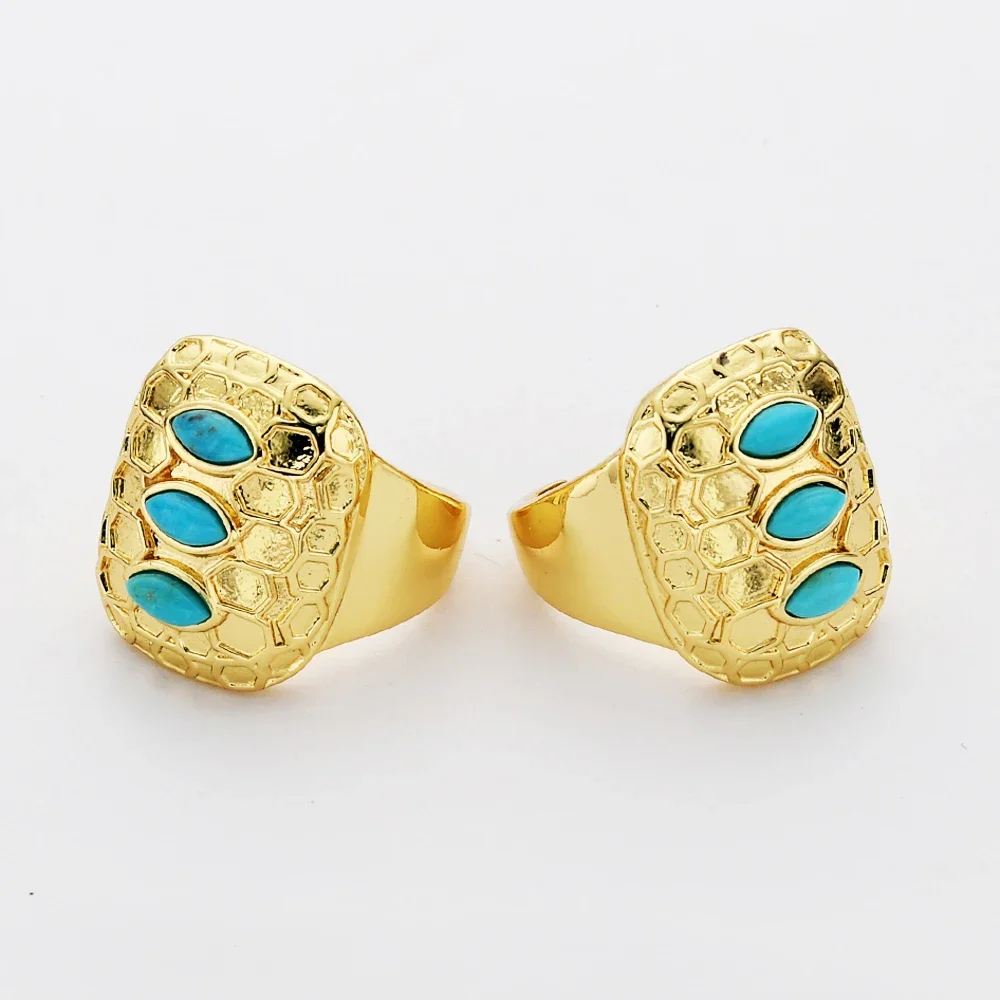 5/10PCS Golden Plated Adjustable Open Rings Natural Turquoise Stone Finger Ring For Men Women Trendy Hip Hop Jewelry Accessories