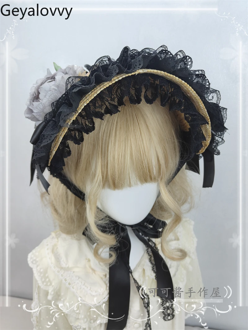 일본 오리지널 로리타 목가적 인 꽃 플랫 모자 달콤하고 귀여운 소녀 다목적 모자 레이스 레이스 업 바이저 밀짚 모자 액세서리