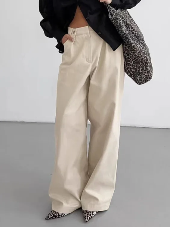 سراويل كاجوال عالية الخصر، سراويل طويلة فضفاضة قابلة للتنفس، سراويل قطنية مريحة وواسعة الساق للنساء