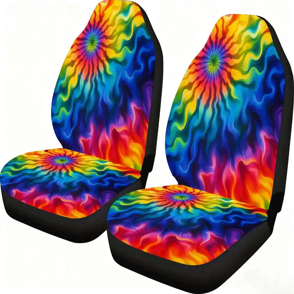 2pcs Tye Dye Colorful Psychedelic Swirl Car Seat Covers Suitable for Front Seats High Back Design, Material, Suitable for Cars