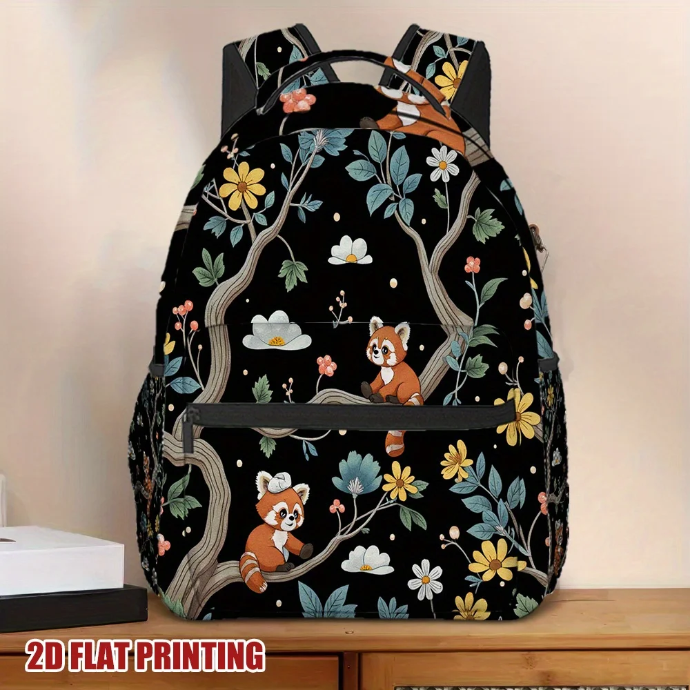 1pc Red Panda Floral Backpack Lightweight Minimalist Design with Vibrant Floral Red Panda Print, Durable Fabric Secure